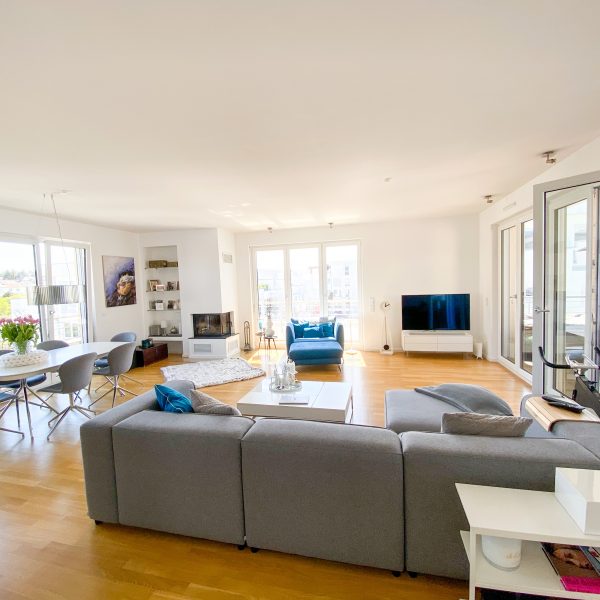 Heller und großer Wohn-:Essbereich mit Zugang zur Dachterrasse