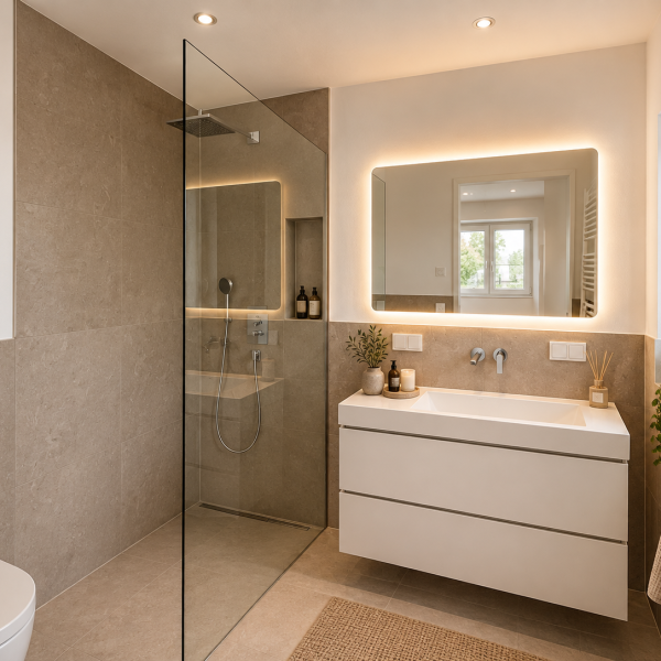 Mustermöblierung Badezimmer mit bodenebener Dusche
