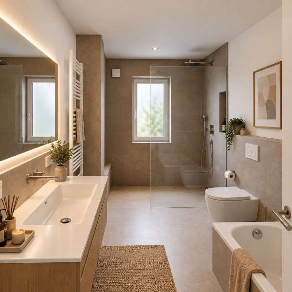 Mustermöblierung Badezimmer mit bodenebener Dusche und Badewanne